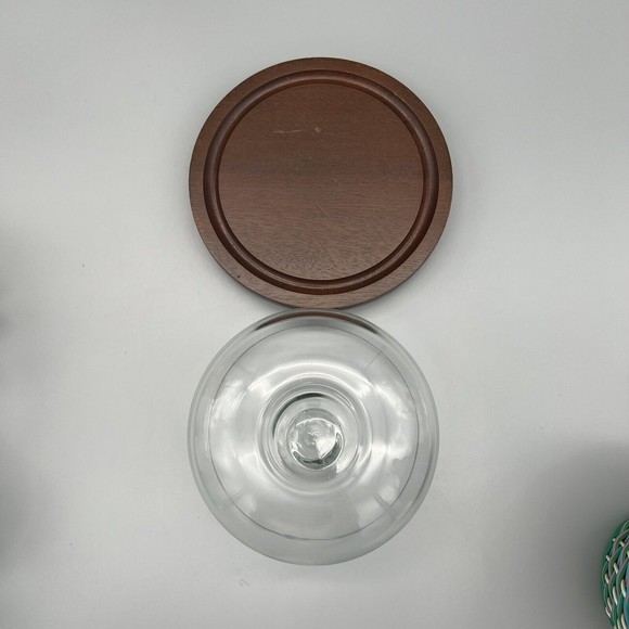 VTG Good Wood Covered Cheese Dish Plate Genuine Teak Wood Glass Dome 7.25" EUC - Picture 3 of 8